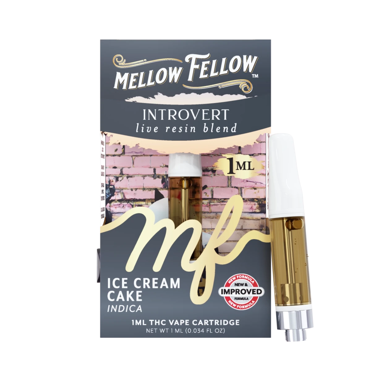 Introvert Blend 1ml Mellow Fellow Live Resin Vape Cartridge Ice Cream Cake Indica